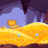 Treasure with Gold Coins and Jewels in a Cave Background